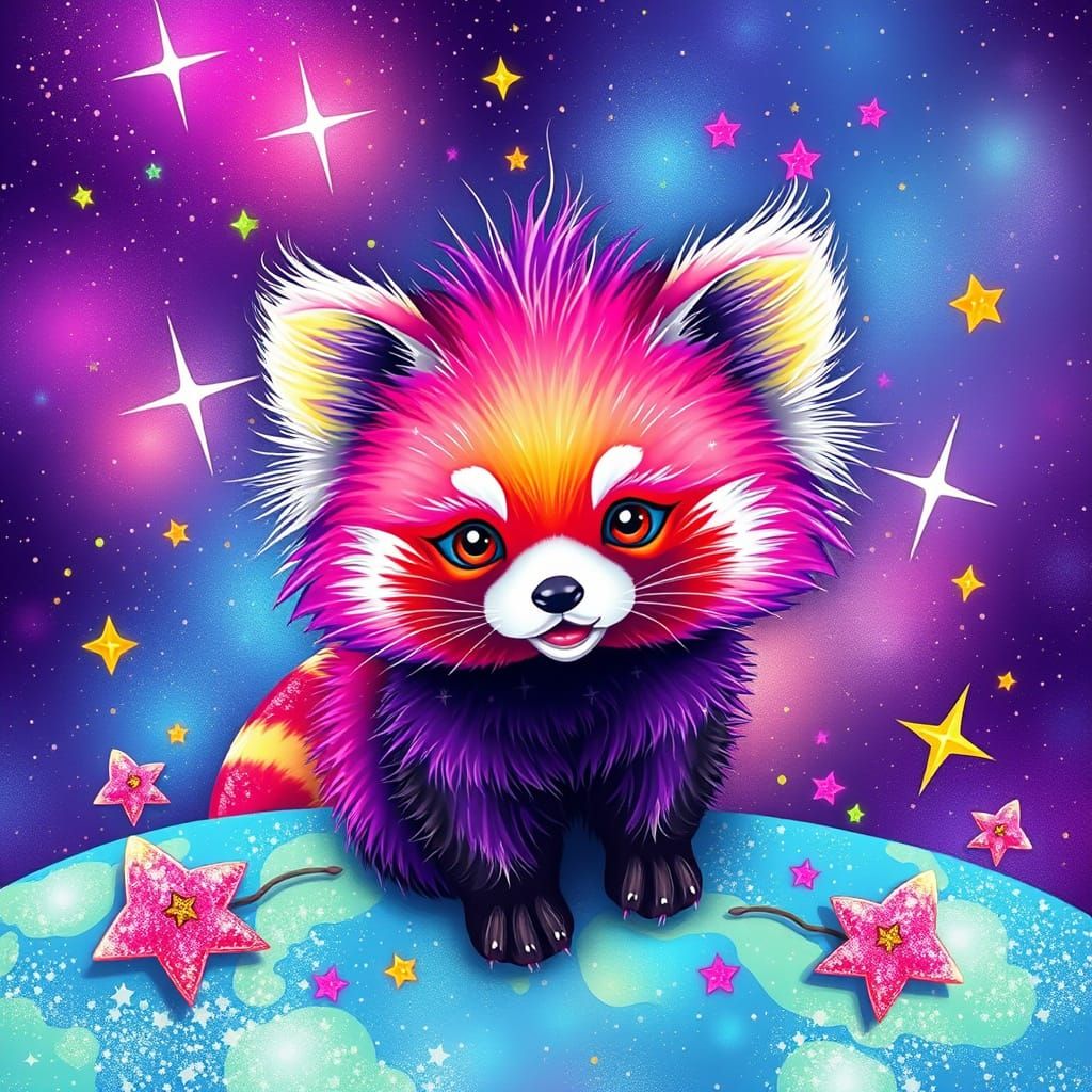 Vibrant Red Panda Hybrid in Sparkling Galaxy Background