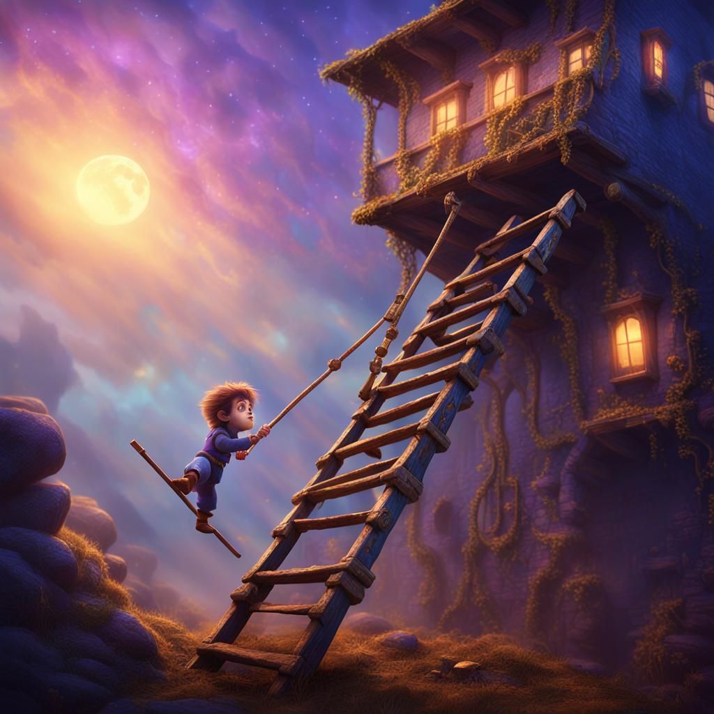 Halfling Acrobat on Rickety Ladder: Detailed Matte Painting