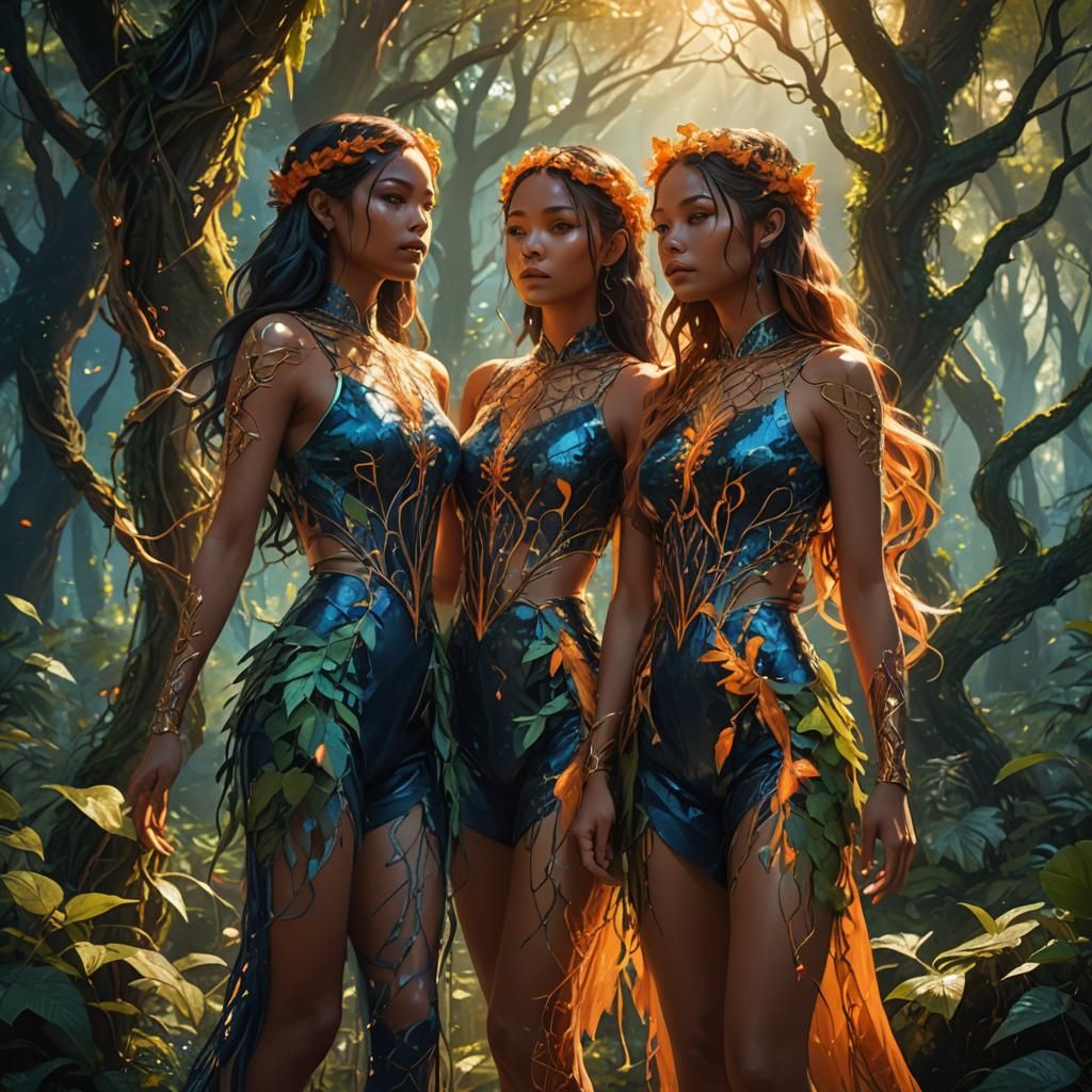 Enchanting Girls in Lush Forest: Fantasy Concept Art