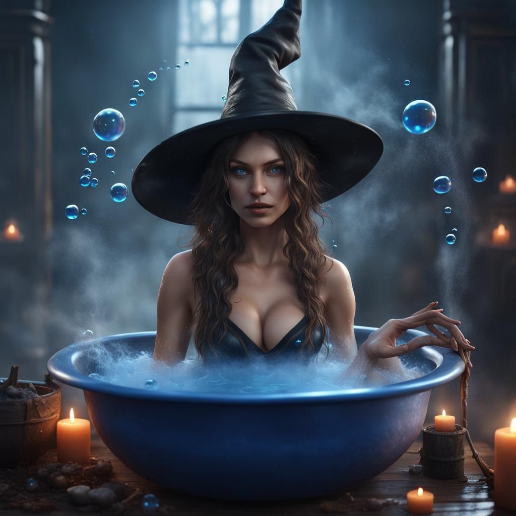Witch Bathing in Cauldron: Detailed Matte Painting