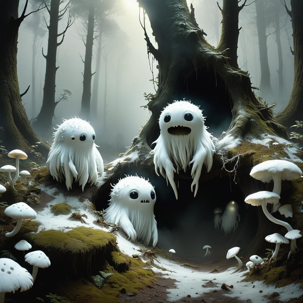 Beksiński-Inspired Monsters in Fantasy Forest