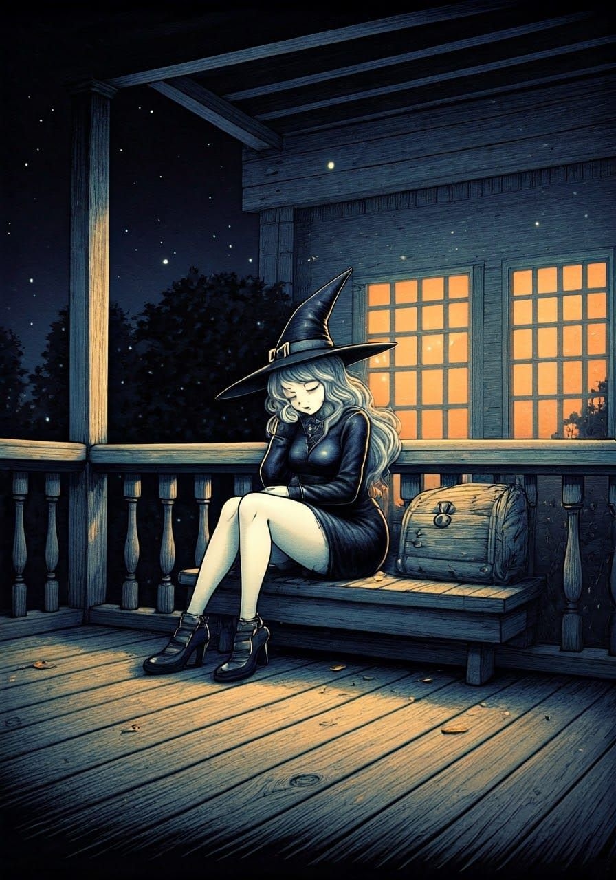 Curvy Witch Sleeps on Halloween Night: Ink Art