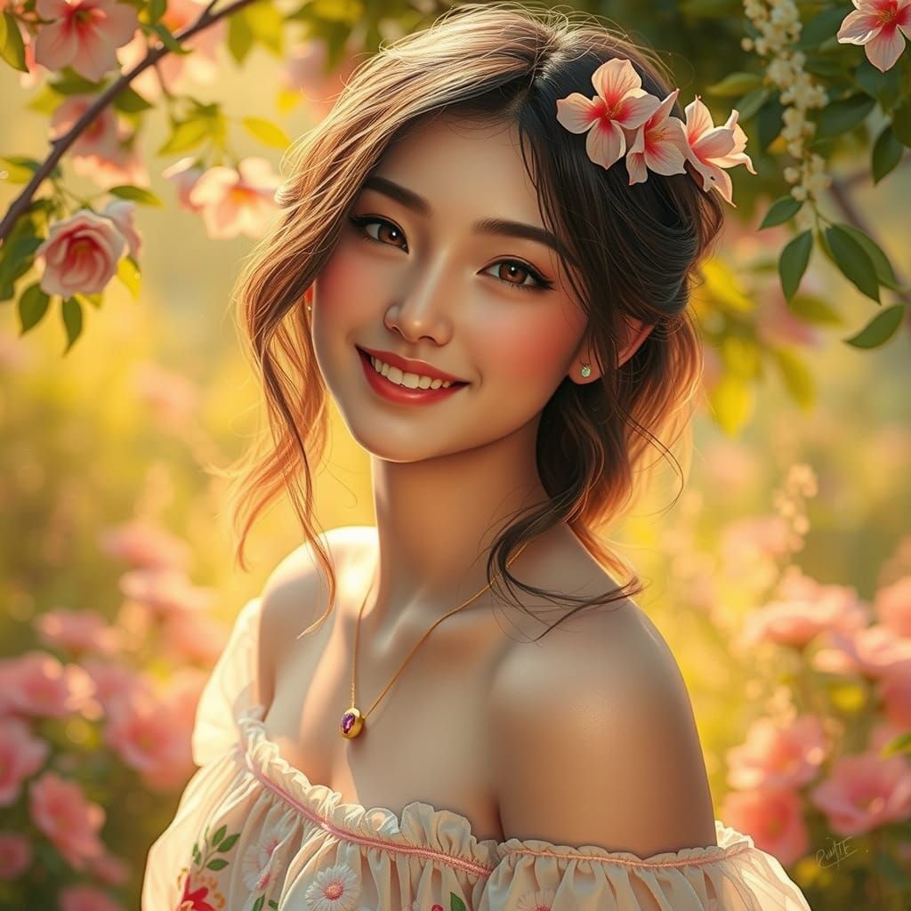Luminous Asian Woman Radiates Warmth and Charm in Enchanting...
