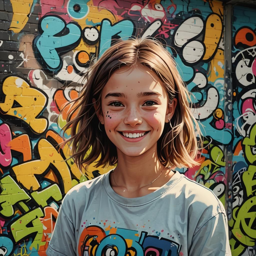Young Girl Smiling Shyly in Cartoon Graffiti Style