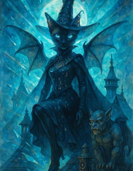 Watercolor Cat-Humanoid on Gothic Castle Roof