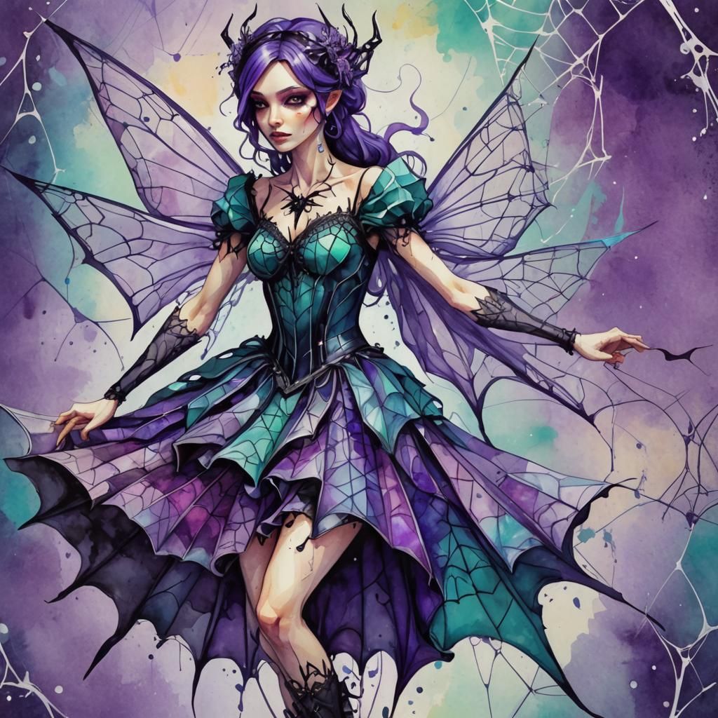 Gothic Fairy in Spiderweb Dress: Low Polygon 3D Art
