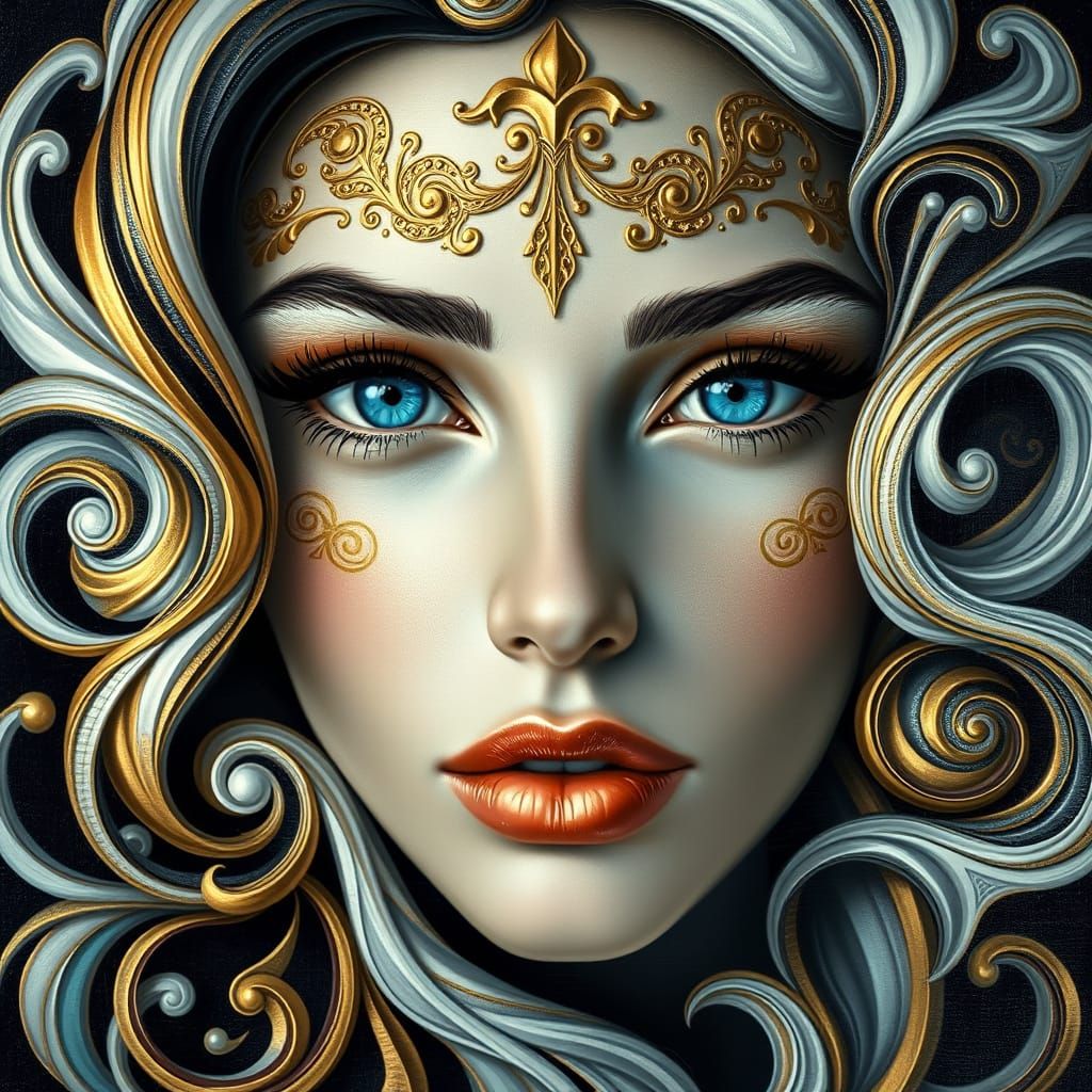 Elegant Woman in Gold and Silver Hyper-Realistic Portrait