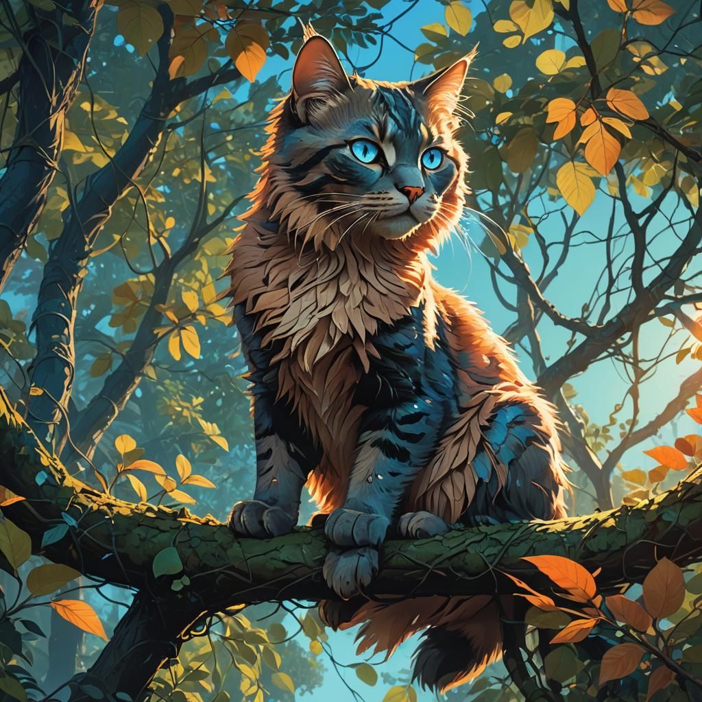 Majestic Cat in Tree, Iridescent Concept Art