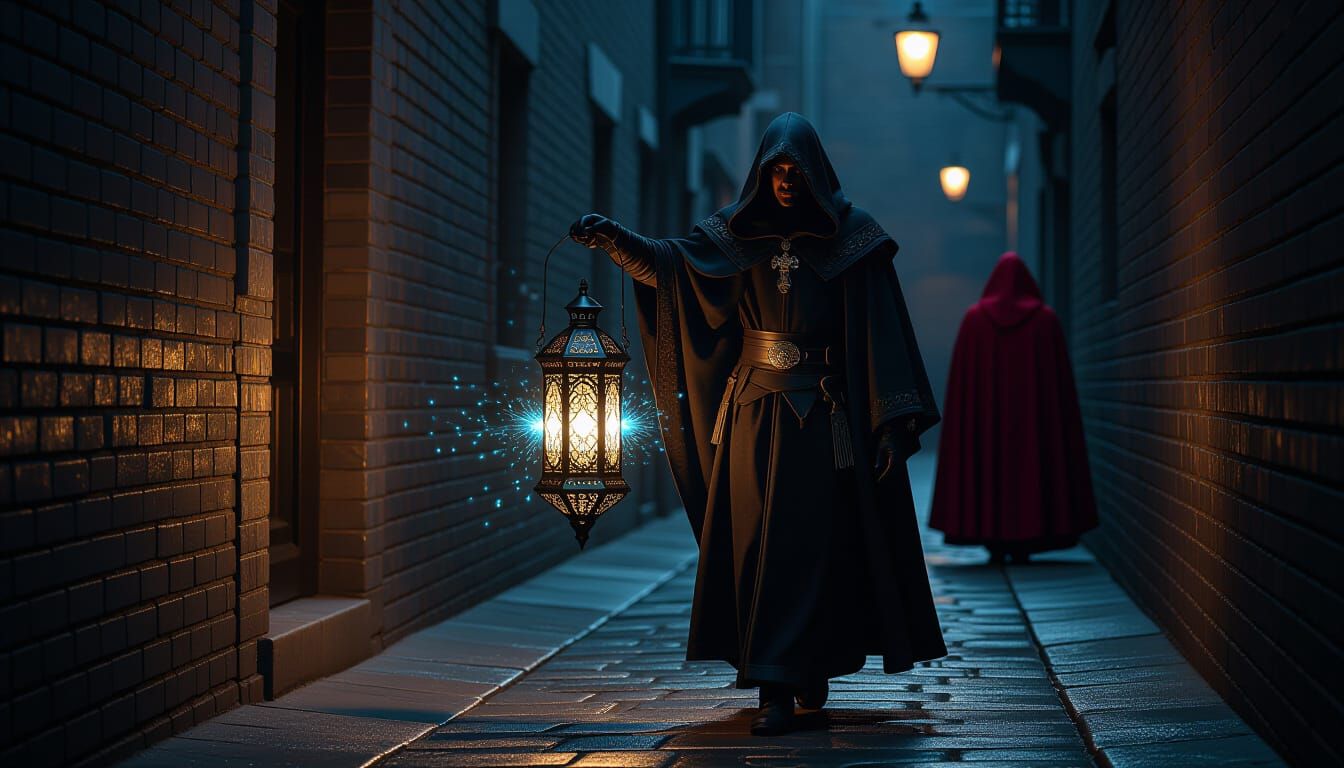 Crimson Cloaked Priest Meets Lantern Bearer in Dark Alley