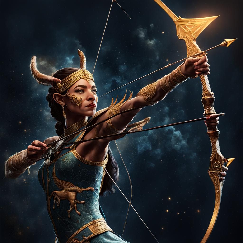 Female Sagittarius queen, half woman half horse shown on a tarot card adorned with Sagittarius symbol at every edge. The...