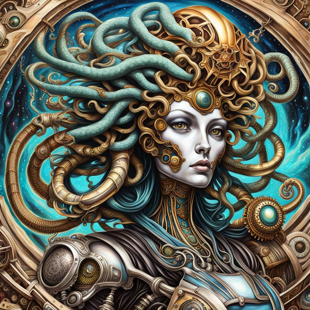 Steampunk Medusa on Motorcycle in Hyperrealistic Style