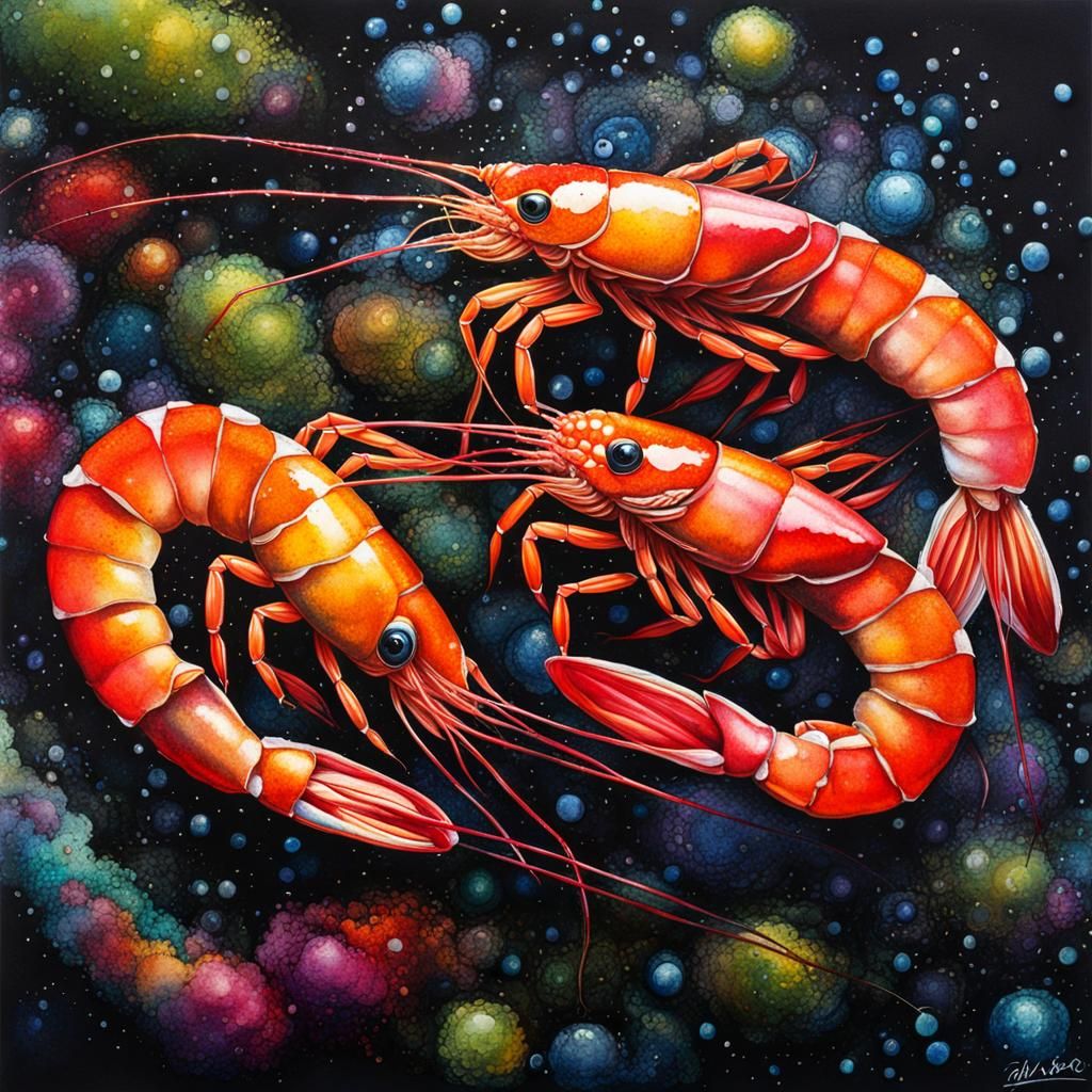 Detailed Shrimp with Watercolor Ink Splatter Effects