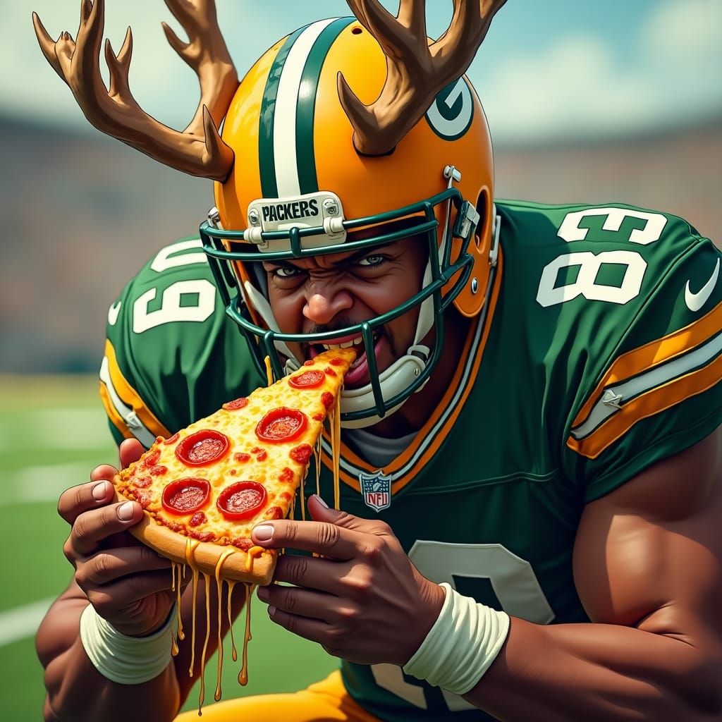 Packer Football Player with Antlers Eats Pizza