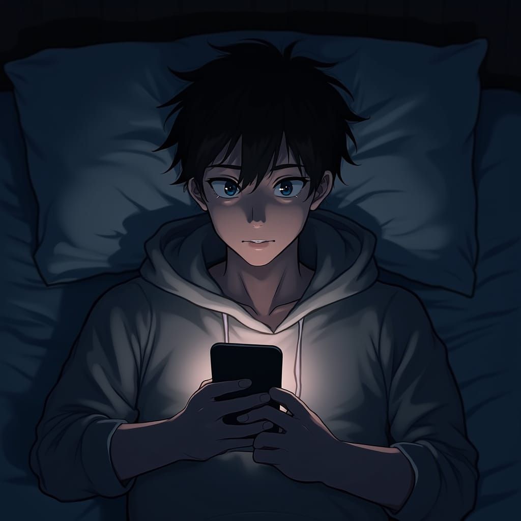 Anime Man with Phone: Cinematic Night Scene