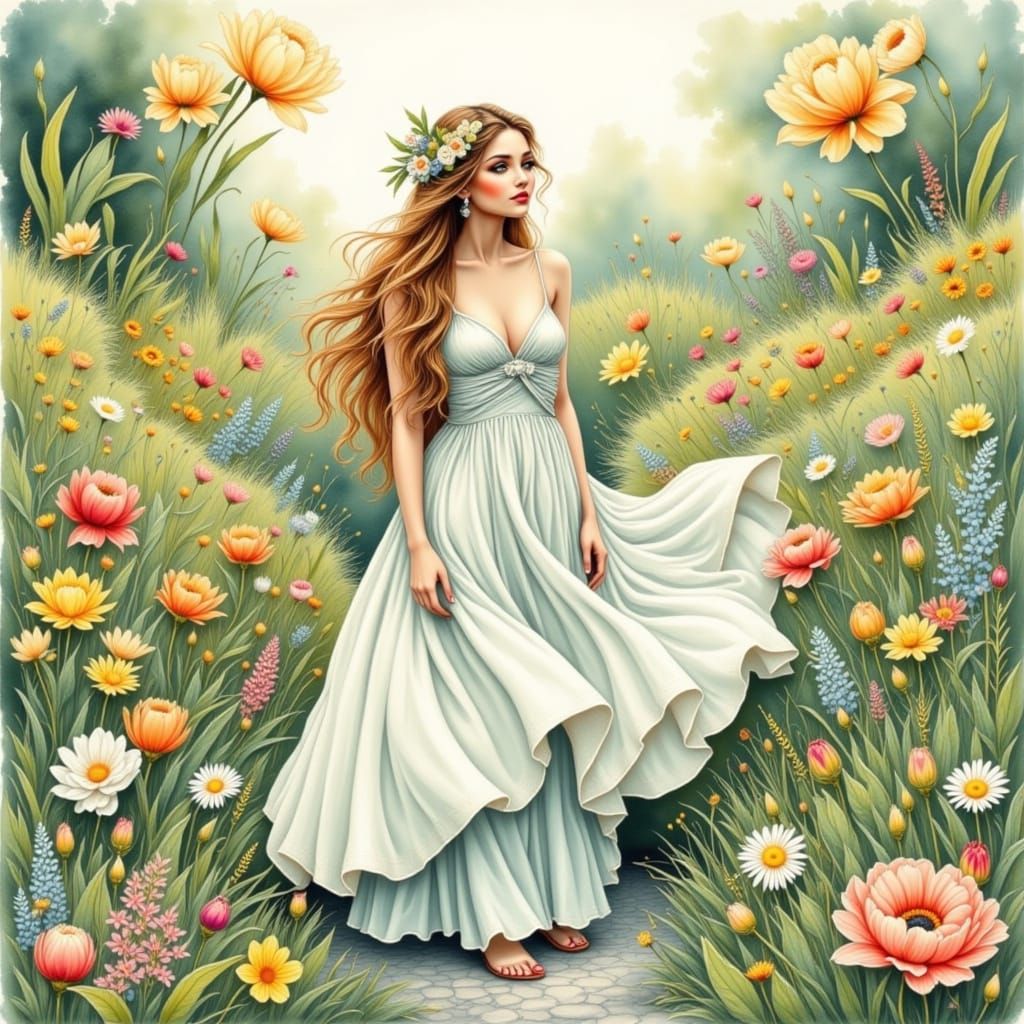 Ethereal Watercolor: Whimsical Woman in Lush Garden