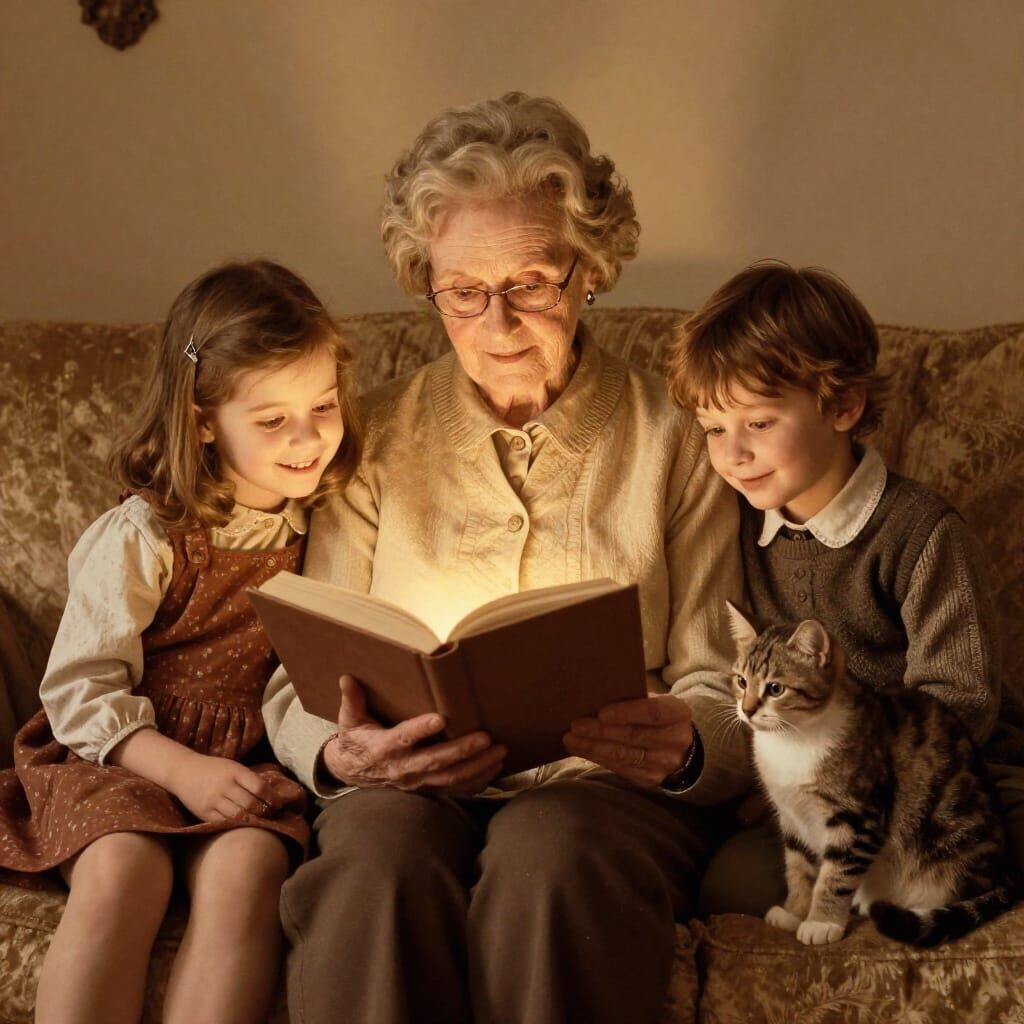 Warm Family Moment: Grandmother Reads to Grandchildren
