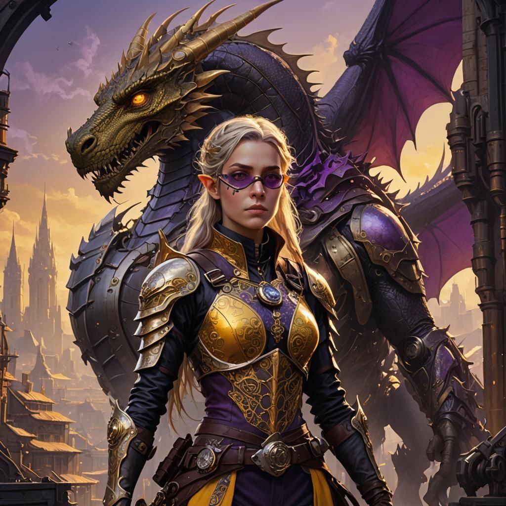 Elven Hero and Dragon in Steampunk Cityscape