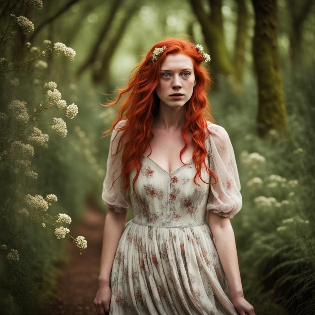 Red-Haired Woman Wandering in Ethereal Forest Photo