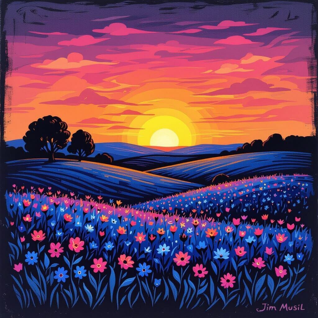 Radiant Sunset Over Wildflower Fields in Linocut Style