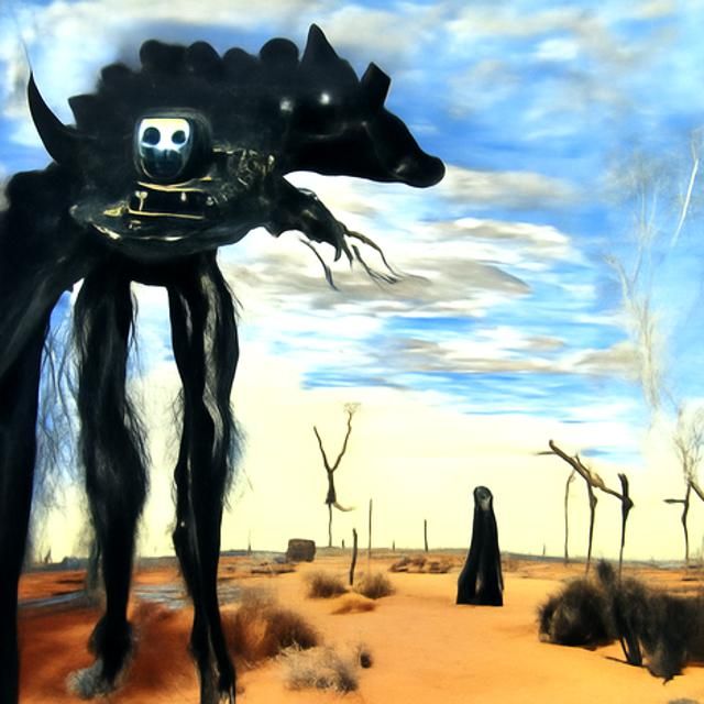 Dark Entity in Desert Wasteland: Surreal Oil Painting