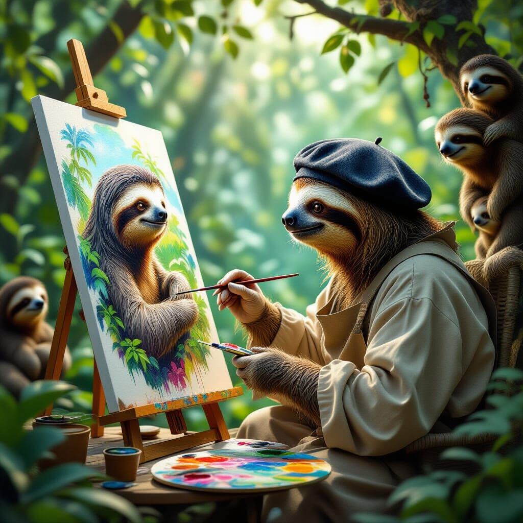 Sloth Artist Paints Sloth Portrait with Ethereal Glow