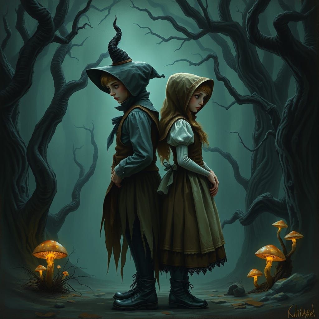 Gothic Fairy Tale Twins in a Haunting Forest Landscape