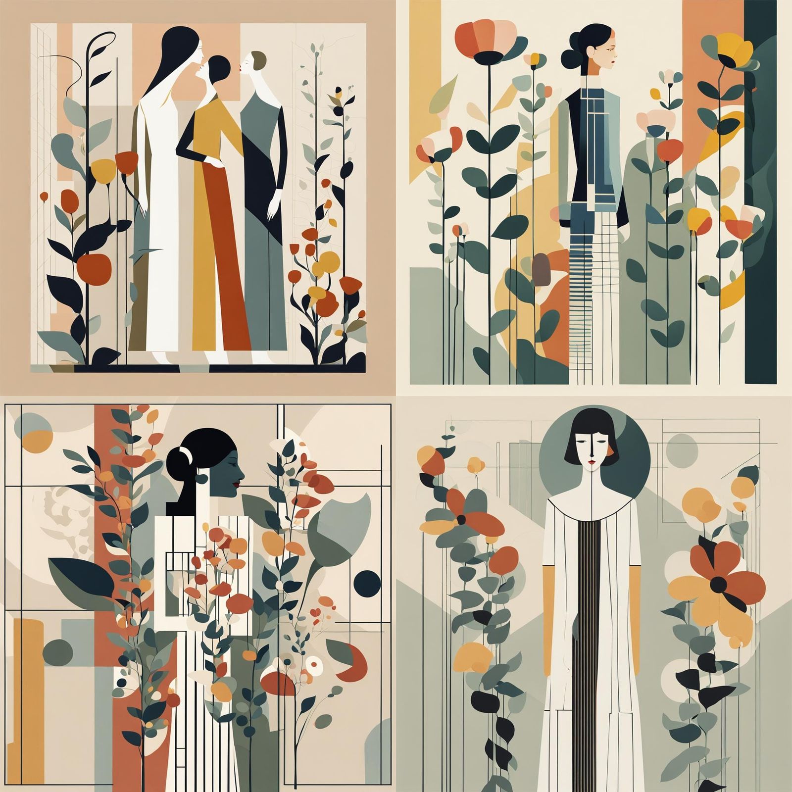 Bauhaus Floral Women: Minimalist Abstract Portraits