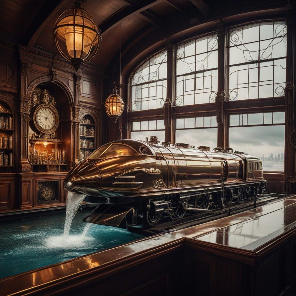 Steampunk Glass Bullet Train on Water in Hyperrealistic Deta...