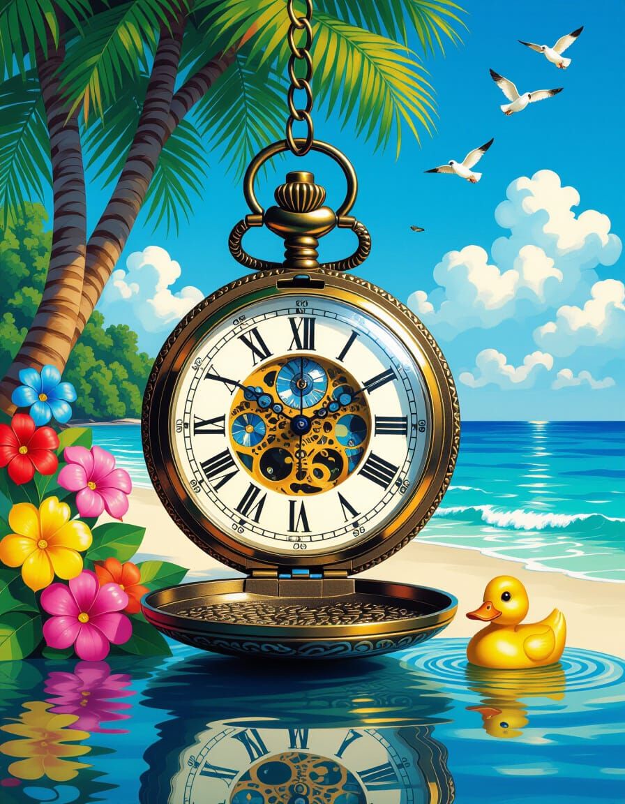 Surreal Pocket Watch on Tropical Beach, Klimt Style