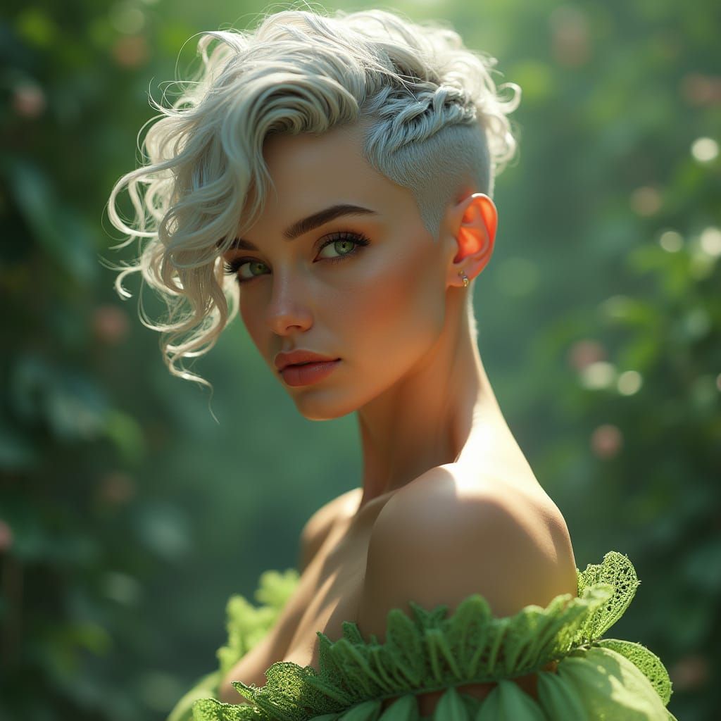 Silver Hair, Green Eyes Portrait in Fantasy Realism