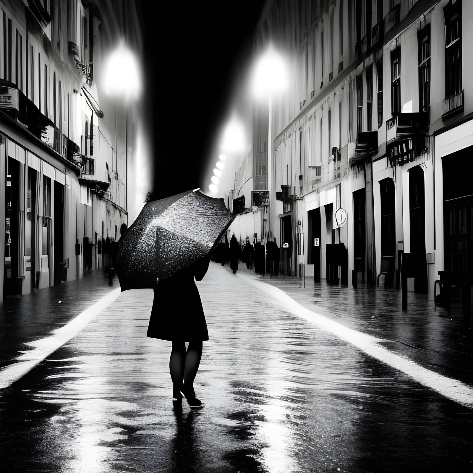 Noir Cityscape: Woman in Rainy Black and White