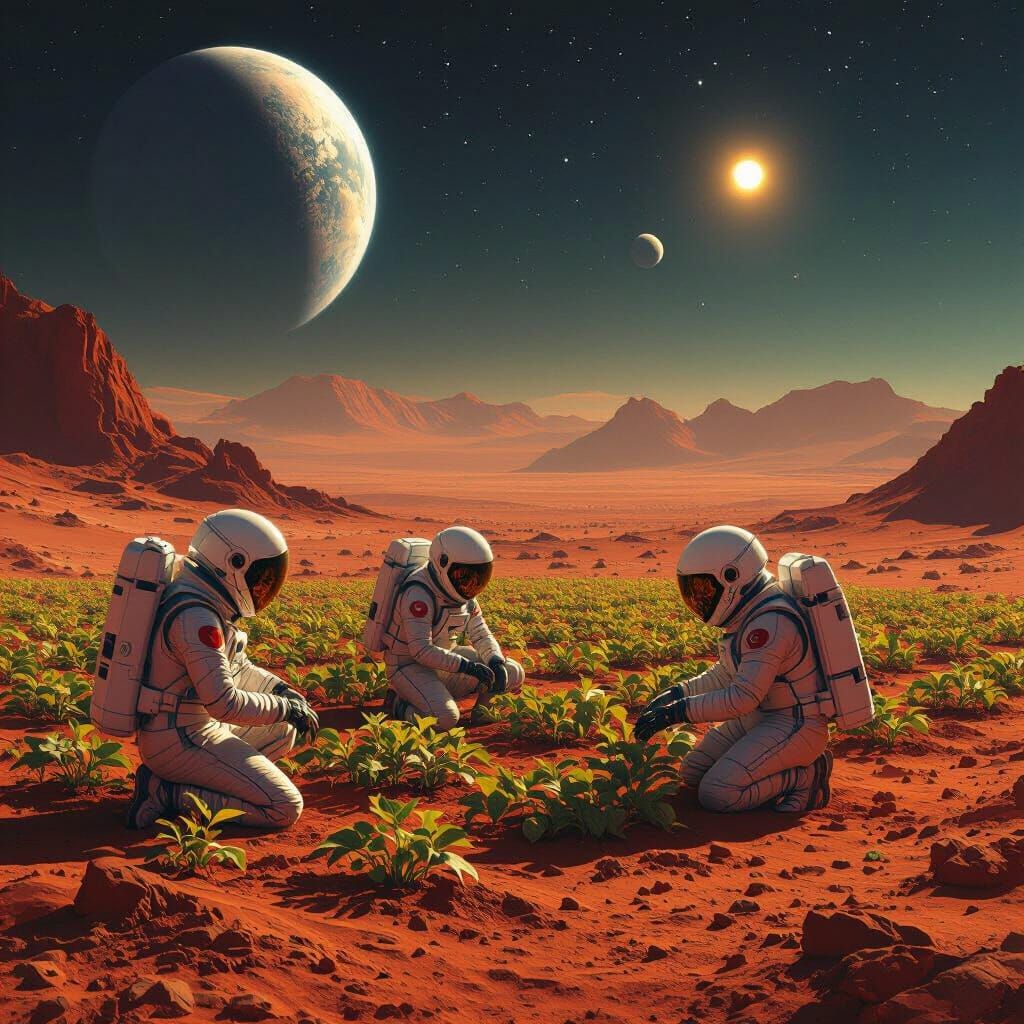 Martian Farmers Cultivating Crops on Red Planet
