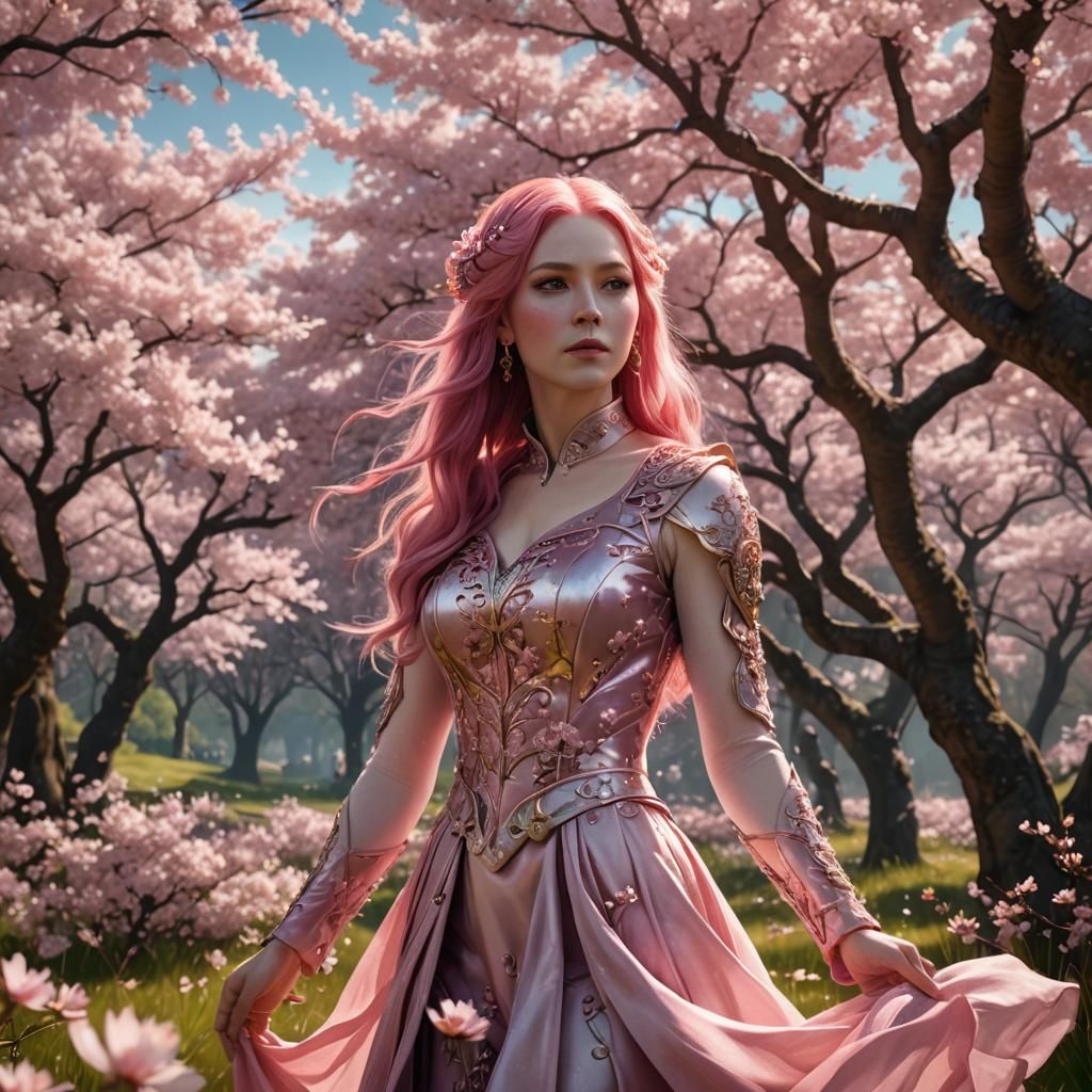 Woman with Pink Hair in Cherry Blossom Meadow