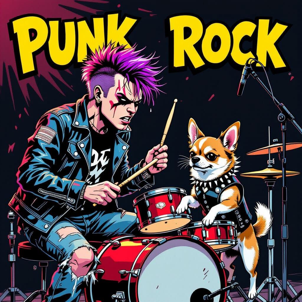 Punk Drummer and Chihuahua in Comic Book Style