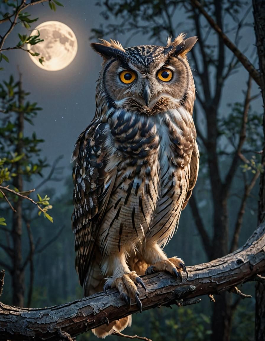 Majestic Owl in Forest at Night with Shining Moon