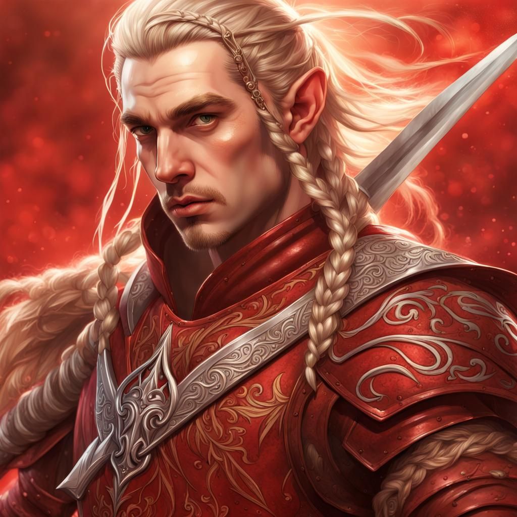 Elven Warrior in Red Armor with Rapier