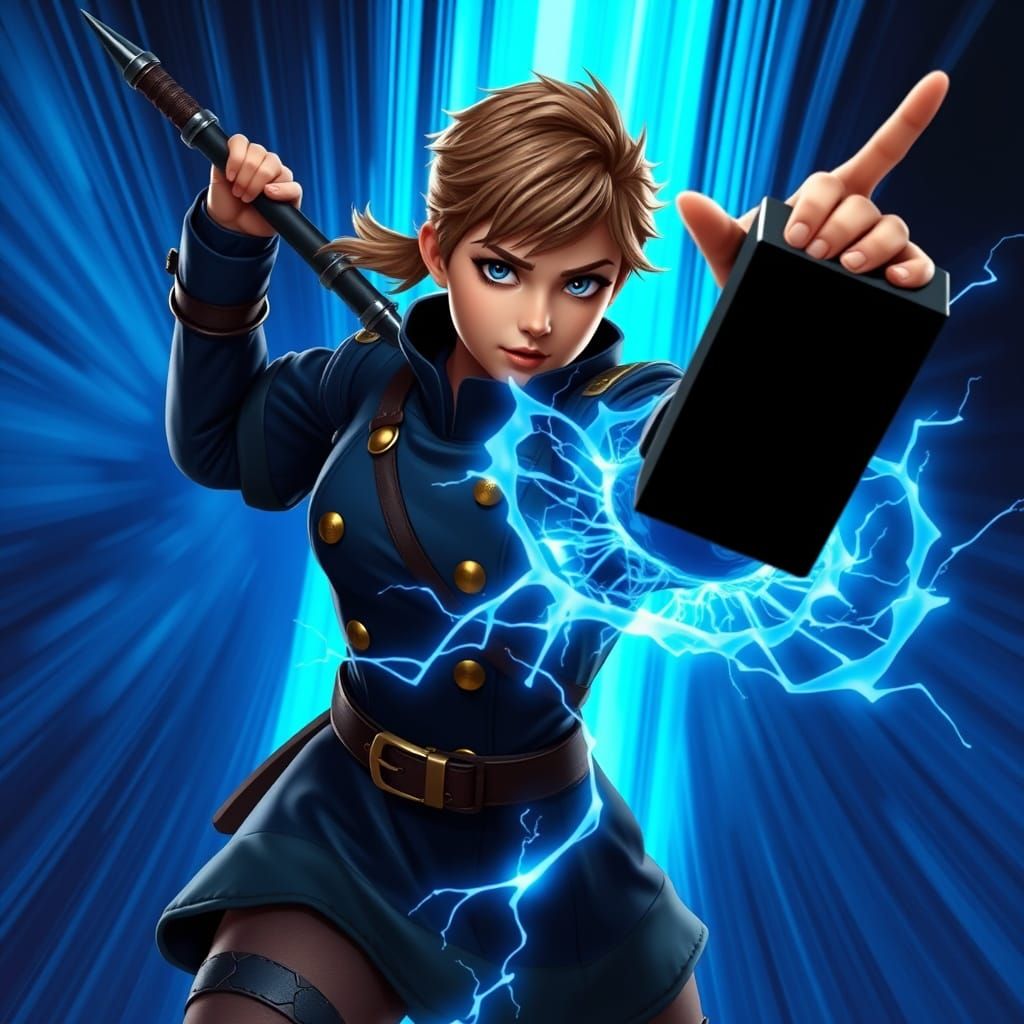 Fierce Female Warrior in Dark Navy-Blue Uniform, Wielding Ha...