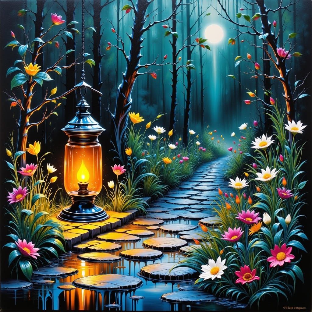 Antique Lantern Glows on Cobblestone Path with Wildflowers