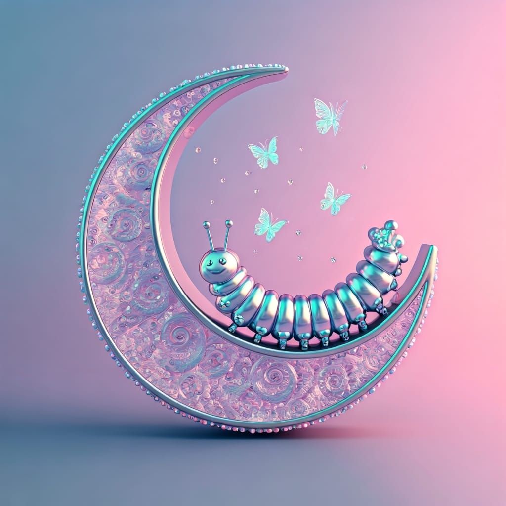 Pastel Chrome Caterpillar on Moon with Butterflies