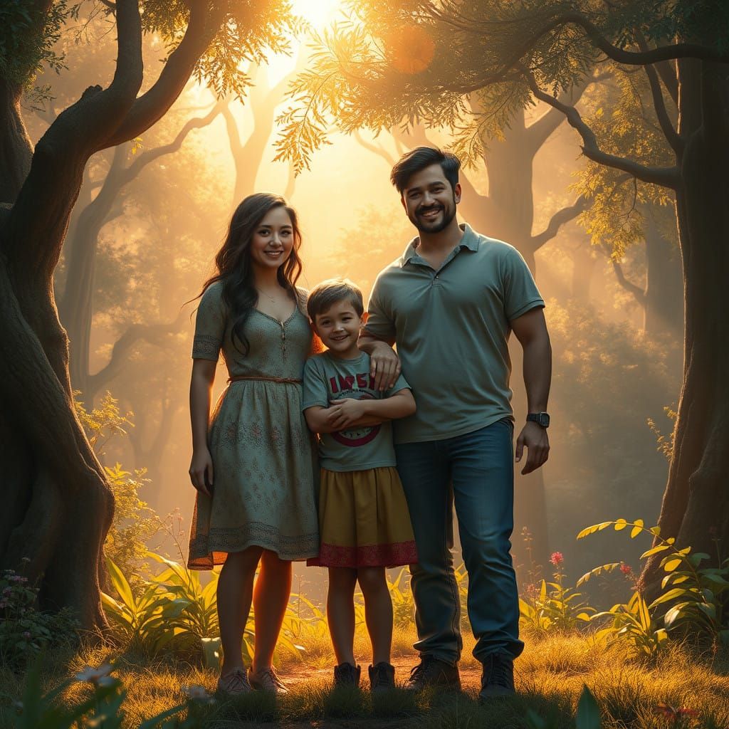 Family Amidst Whimsical Forest Landscape