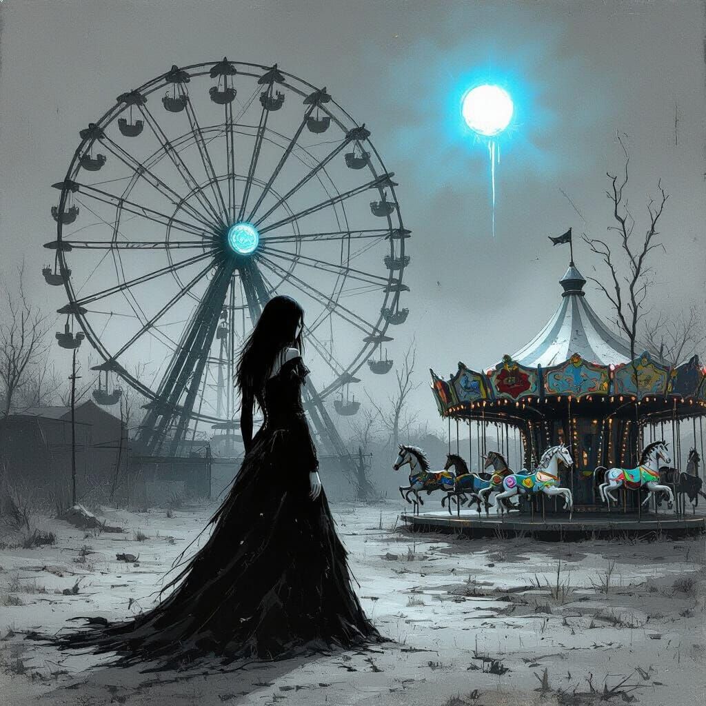 Goth Woman in Decayed Carnival, Oil Painting