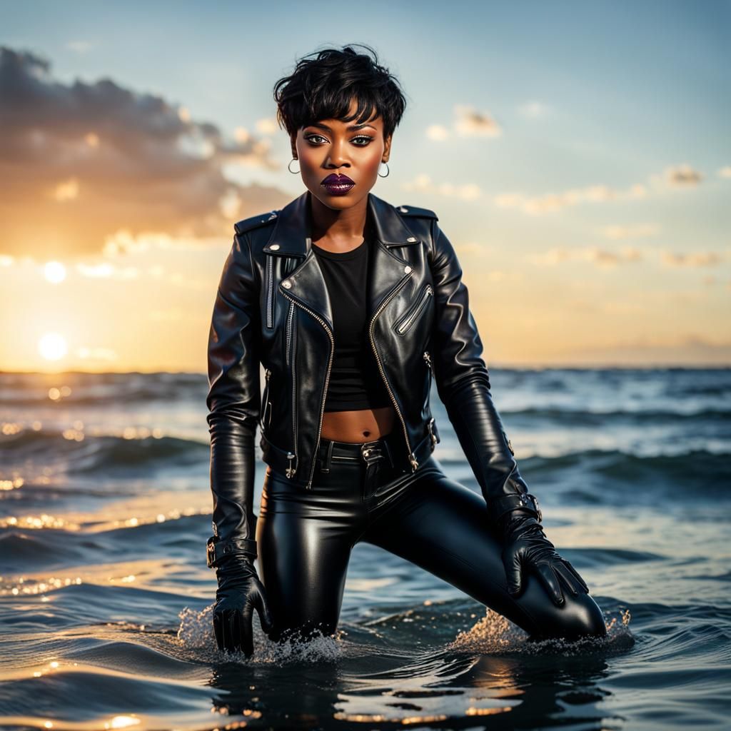 Ocean Sunset: Woman in Black Leather