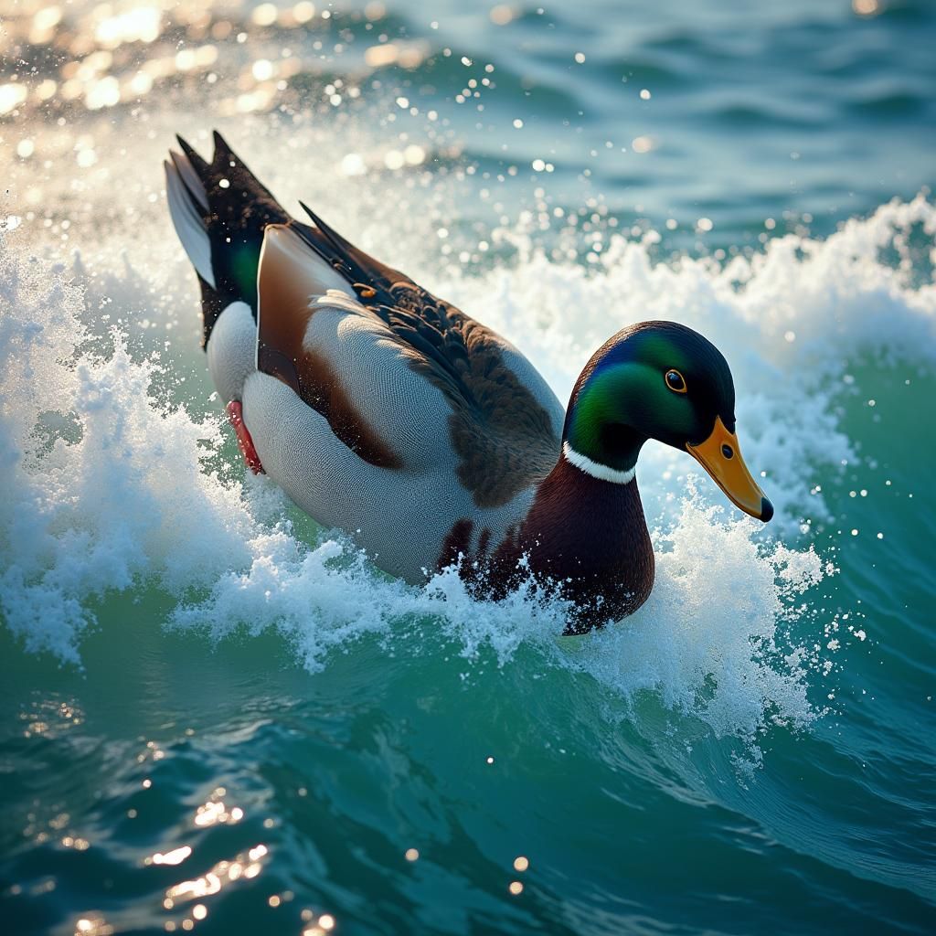 Duck's Daring Escape from Sharks in Iridescent Ocean
