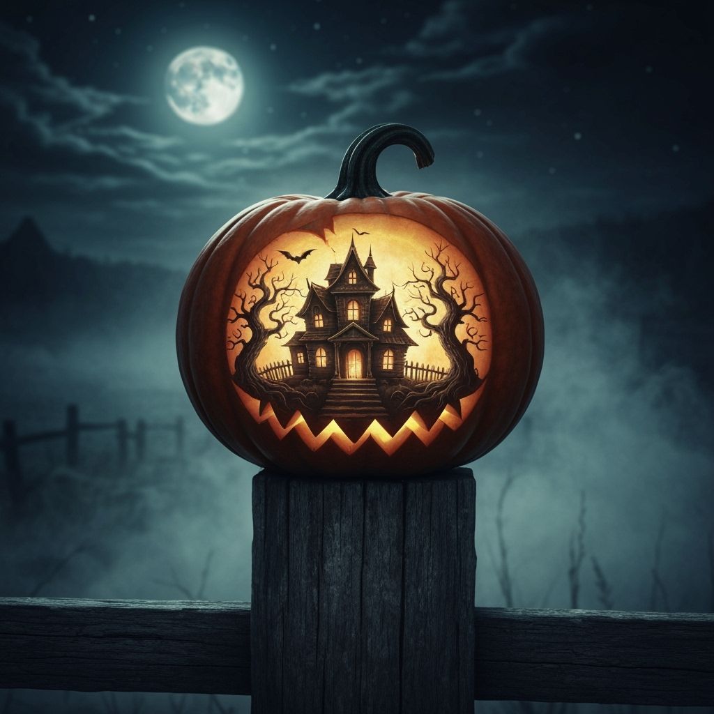 Halloween Jack O'Lantern Carved Haunted House on Moonlit Nig...
