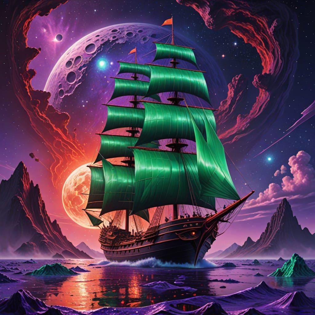 Alien Sailing Ship on Purple Ocean: Cosmic Illustration