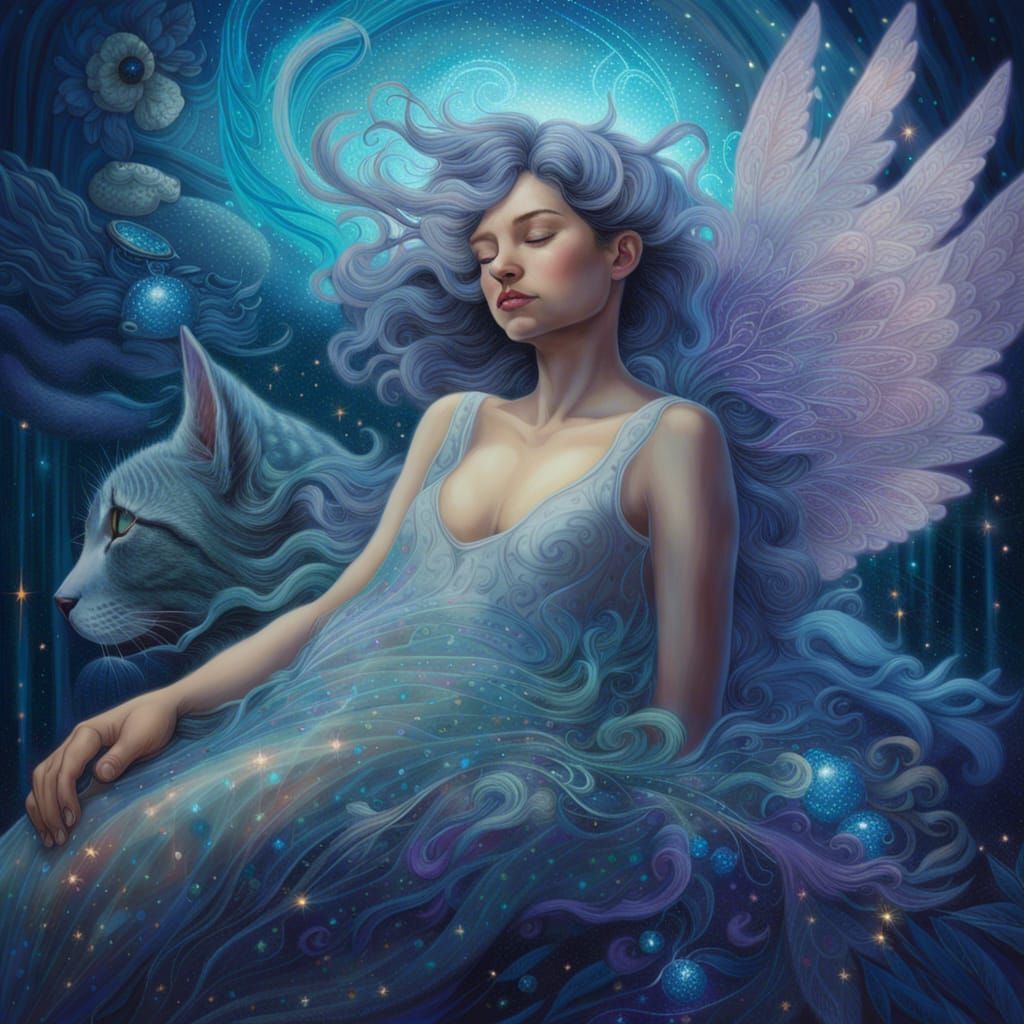 Winged Cat Spirit Over Sleeping Woman, Hyperrealism