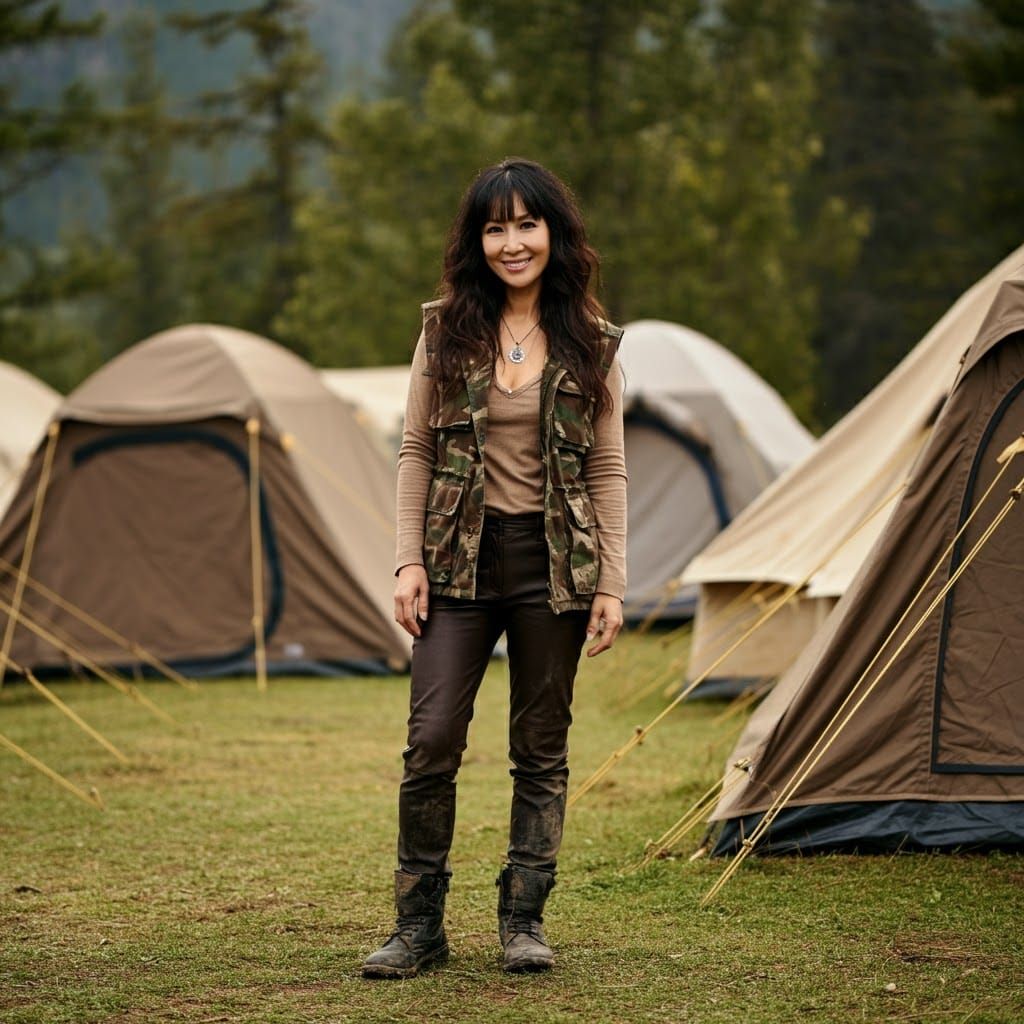 Attractive Woman in Camouflage at Hunting Camp