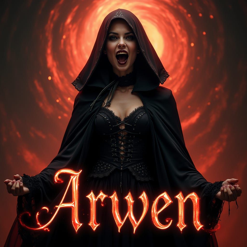 Gothic Vampire Goddess in Flaming Background with Gothic Scr...