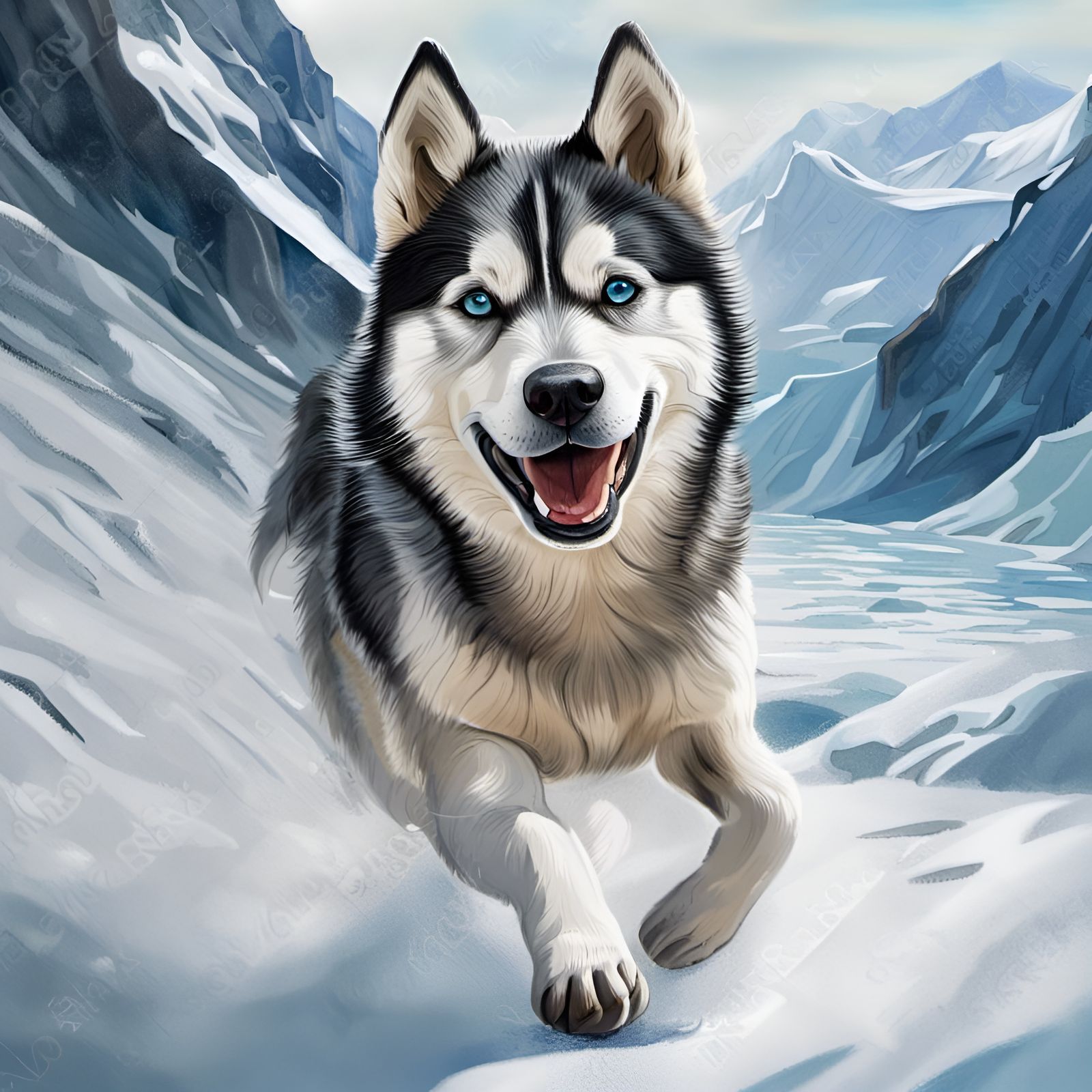 a Siberian Huskie running in the beautiful snowy glacier terrain in the alaskan wilderness, illustrated realism, hyperde...
