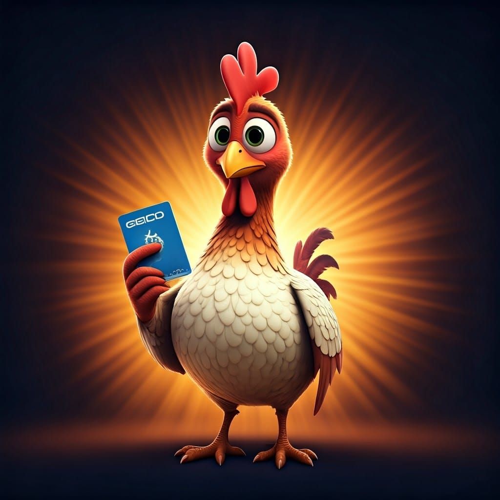 Chicken Uses Geico Card in Vibrant Cinematic Scene